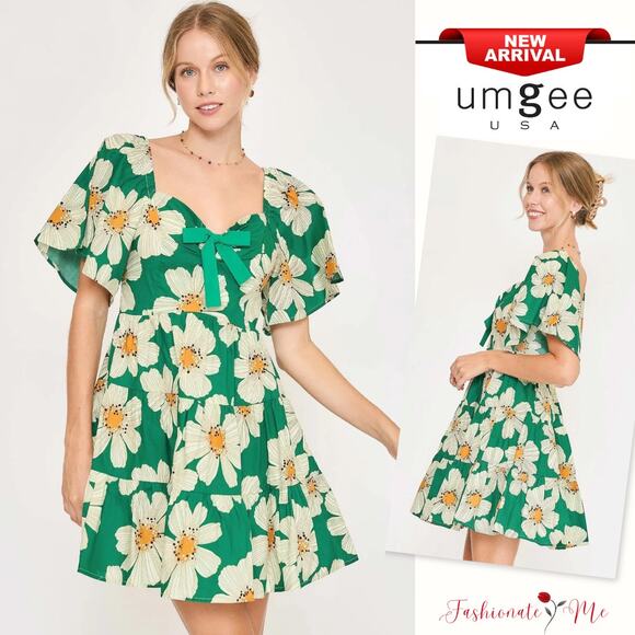Umgee Daisy Print Short Sleeves Sweetheart Neck Ribbon Detail Mini Dress | Green - Picture 1 of 5